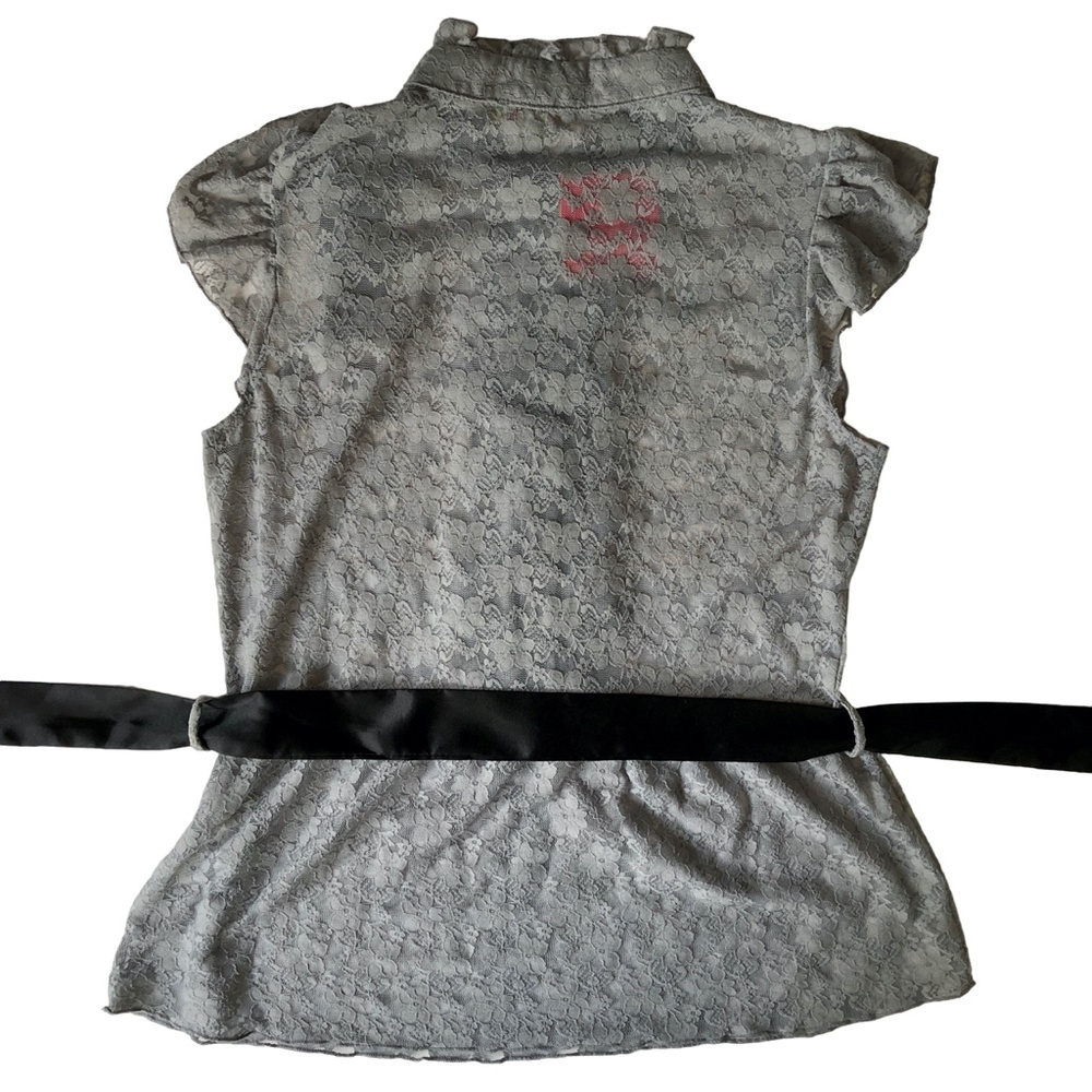Sheer floral lace blouse top grey cap flutter sleeves ruffles Avocado 12 NWT - Picture 2 of 7